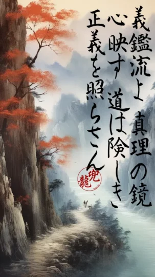 Oh, 義鑑流 
Mirror of truth 
Reflecting hearts 
The path is arduous 
Illuminating justice